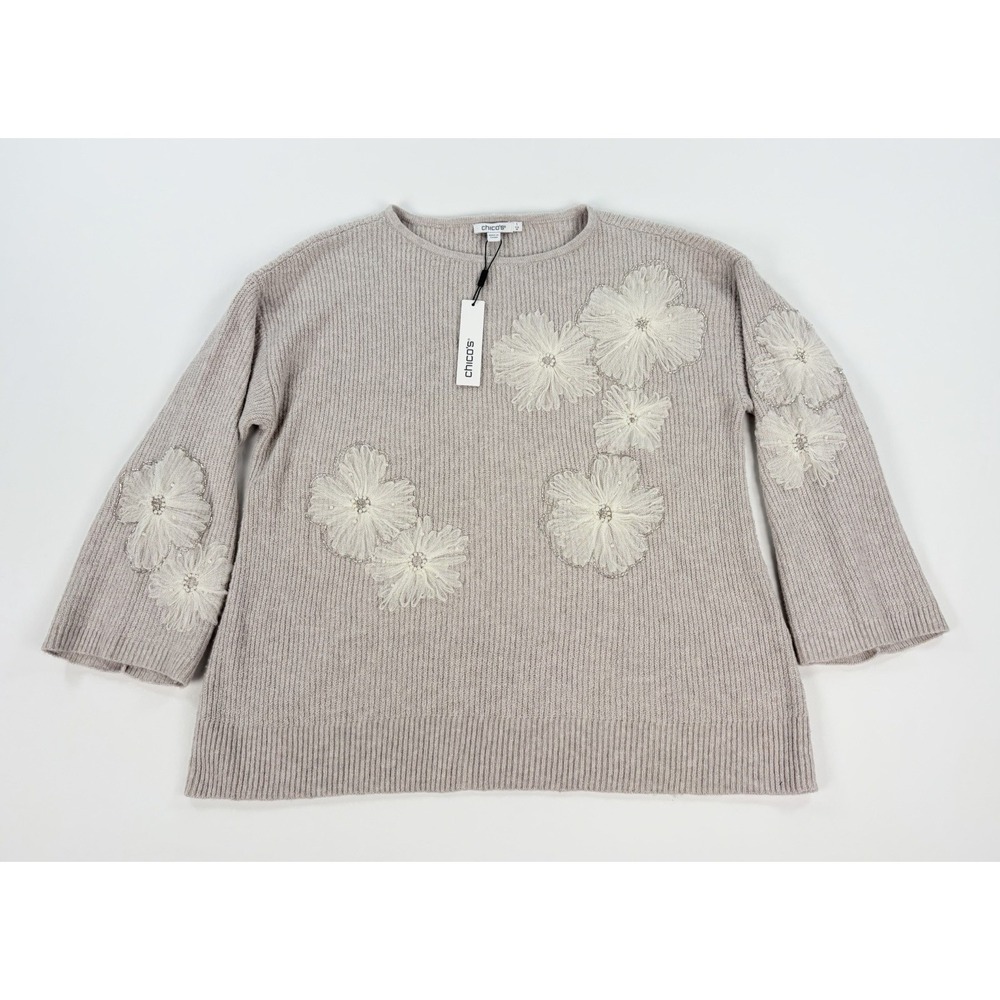 Chico's Women's 1 Medium Tulle Floral Pullover Sweater Beaded Pearls Helium New